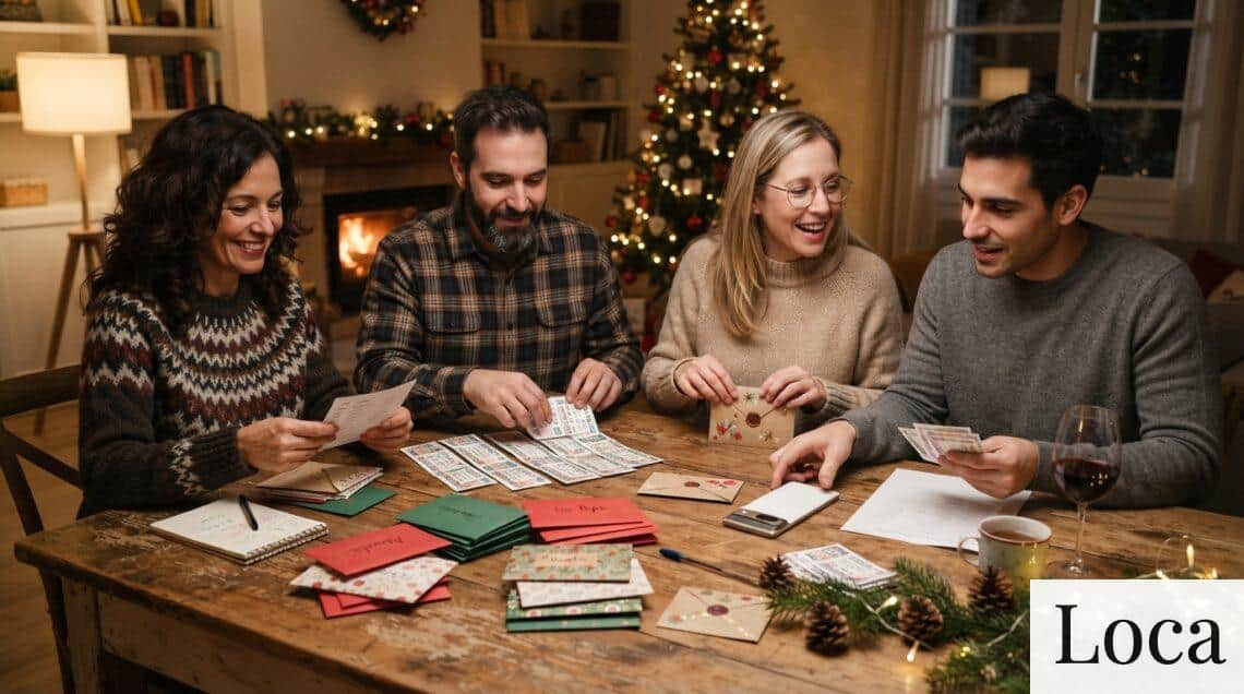Personas organizando un décimo compartido de Navidad